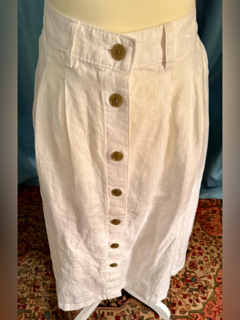 Lands' End White Button-Front Linen Midi Skirt